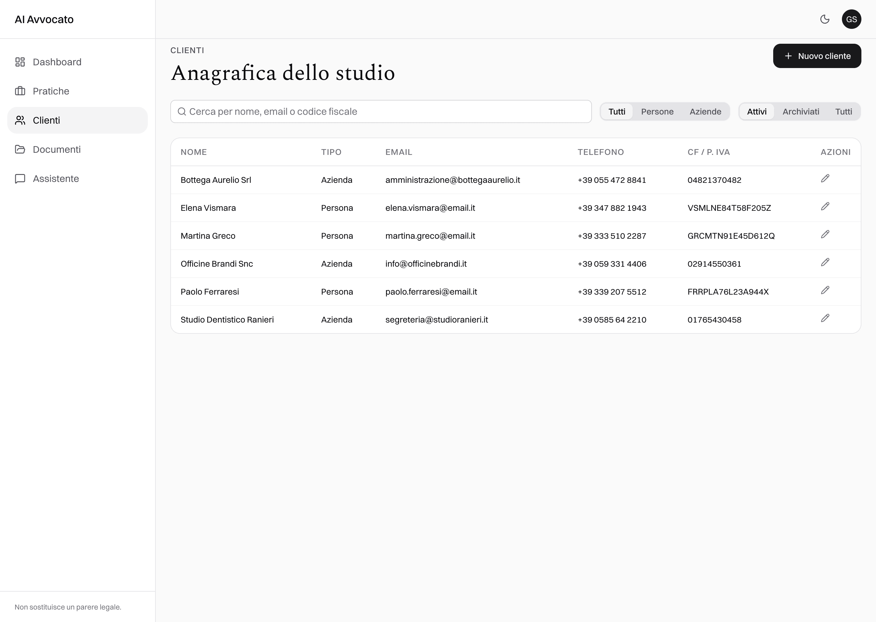 Anagrafica dei clienti dello studio