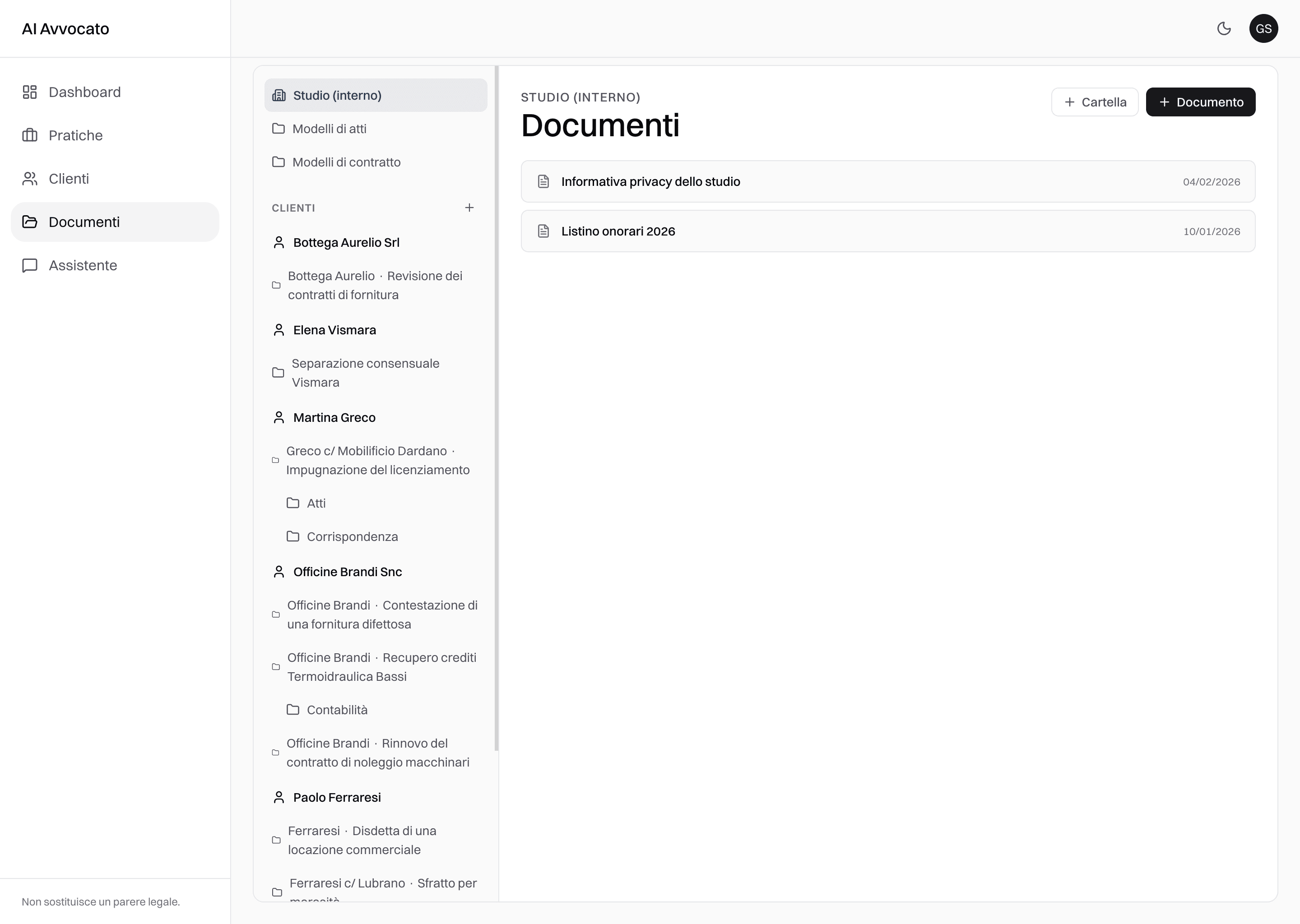 Archivio dei documenti, ordinato per cliente e pratica