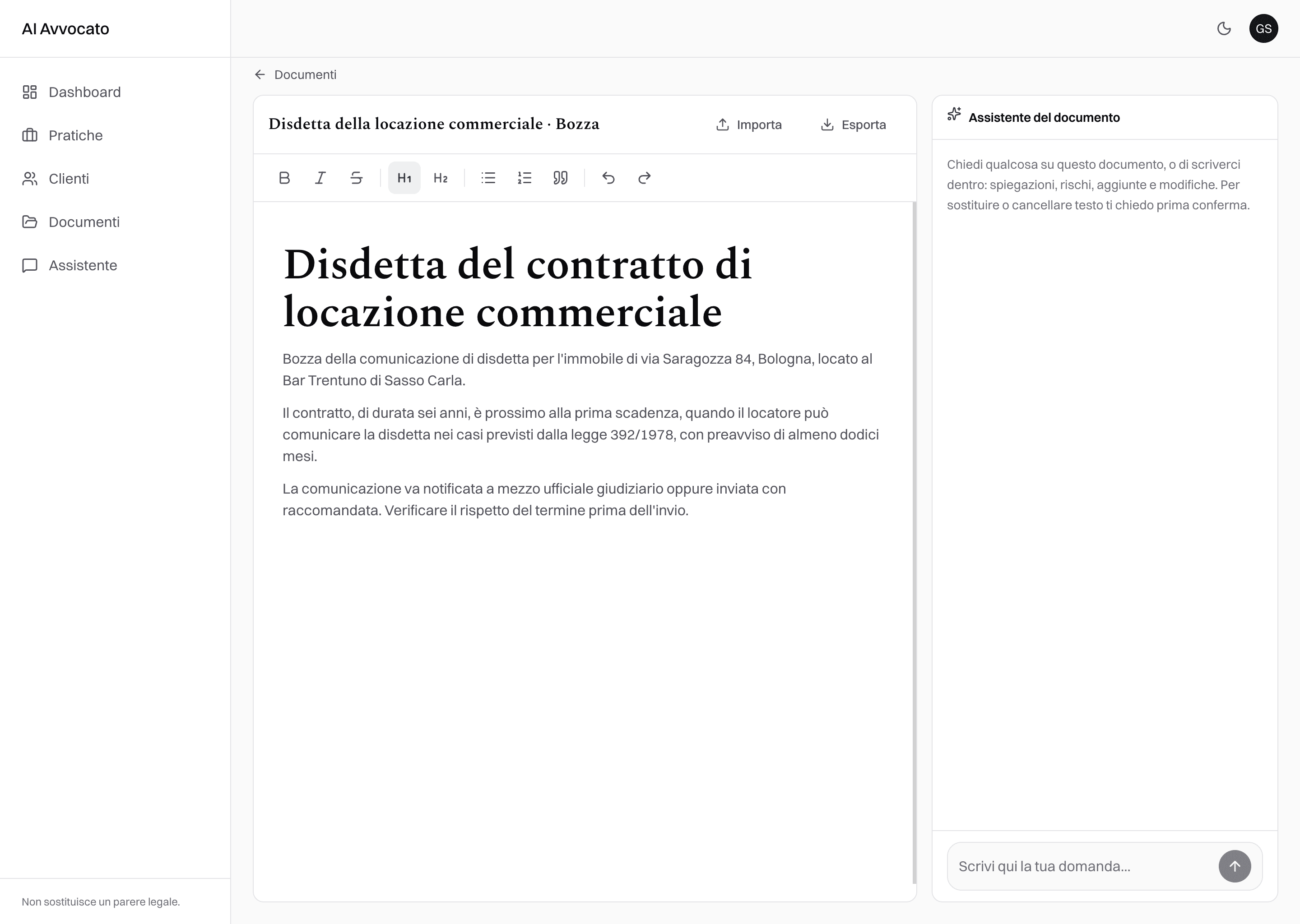 Editor di un atto con l'assistente del documento a lato